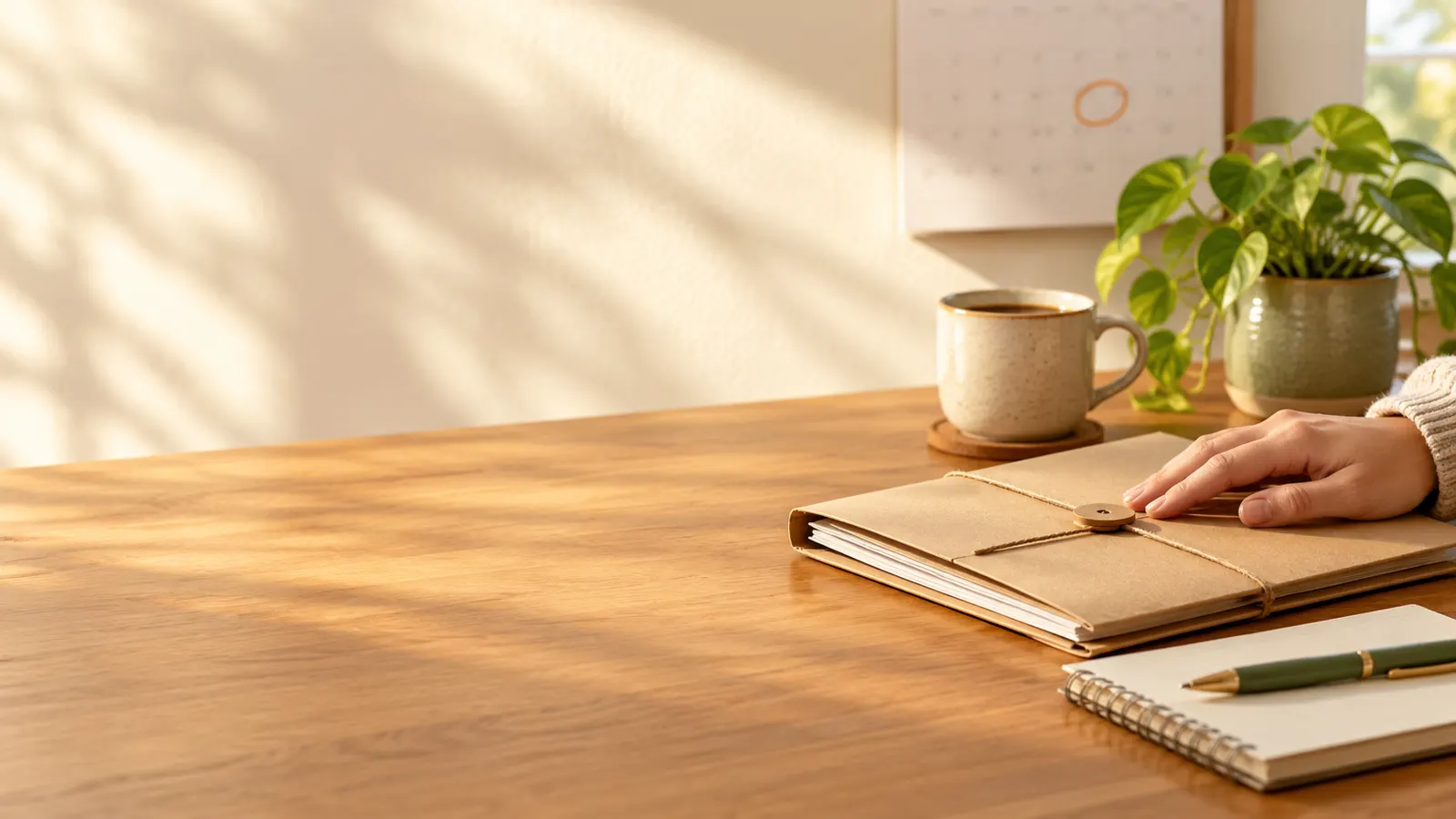 Tax forms in a tied folder beside a coffee cup, a plant, and a calendar on a desk